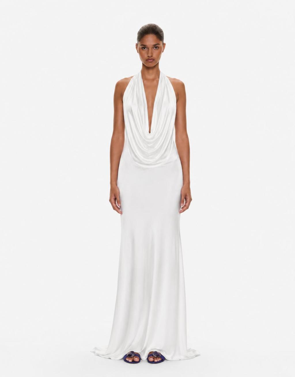 Halter Dress In White Strech Jersey